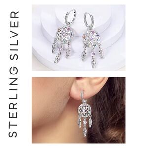 🌟 S925 Sterling Silver Multi Colored Stones Dream Catcher Dangle Earrings